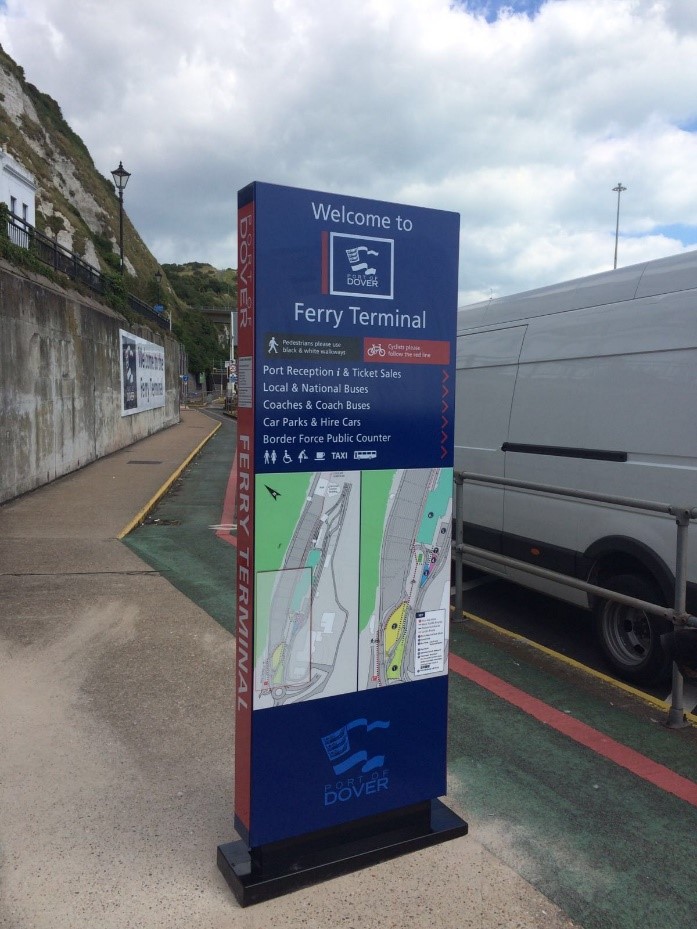 Example of wayfinding monolith sign in external navigation (Port of Dover)